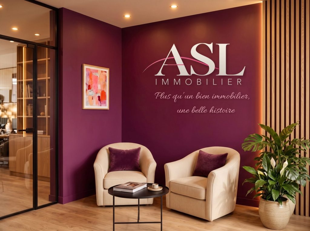 Coin d'attente avec fauteuils beige devant le mur prune au logo ASL Immobilier