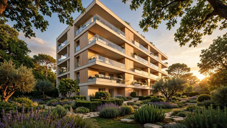 Résidence moderne avec balcons et jardin au coucher du soleil