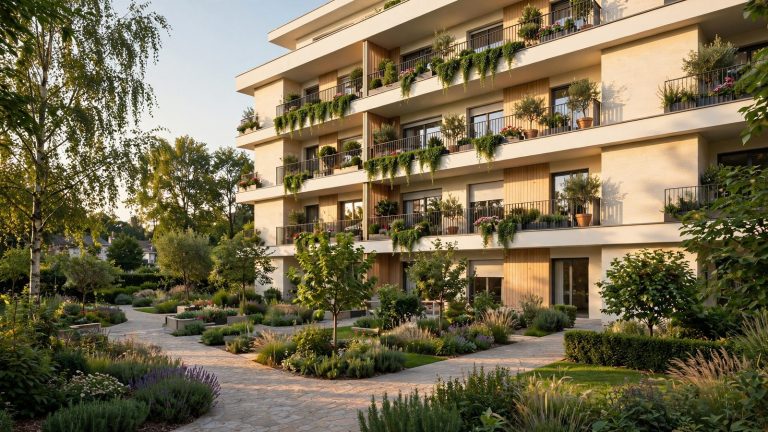 Copropriété avec balcons végétalisés et allée paysagère