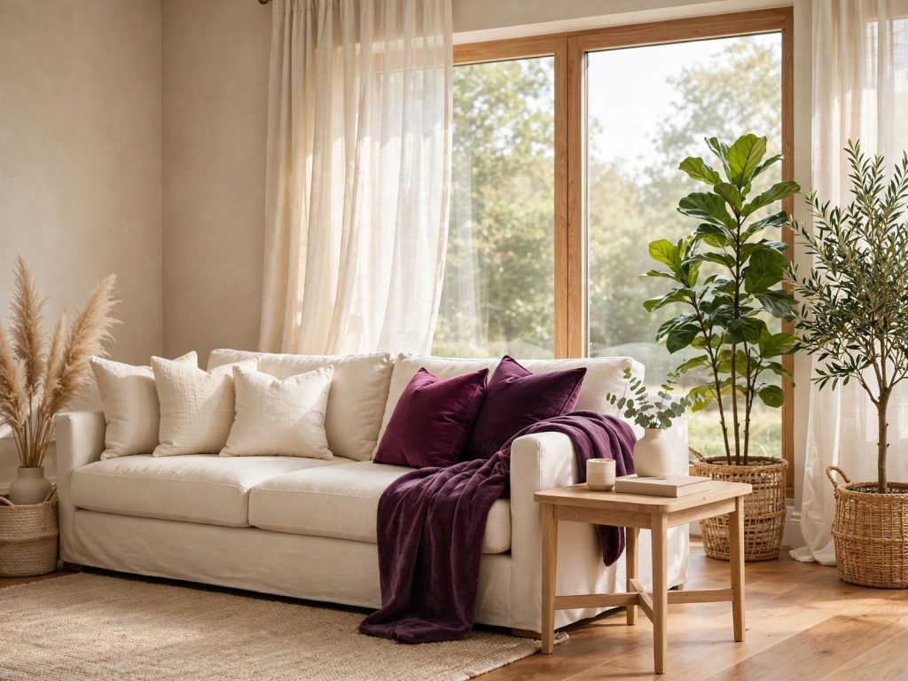 Salon beige lumineux avec grande baie vitrée et plantes