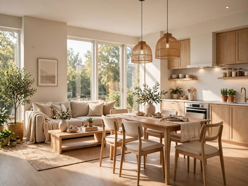 Séjour lumineux avec table à manger et cuisine ouverte